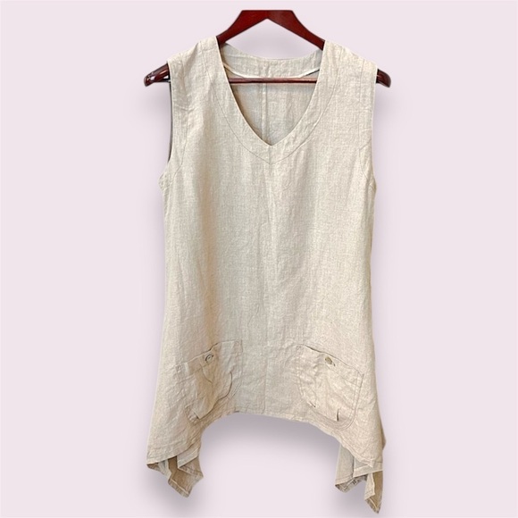 Boutique Linen tunic top Lagenlook asymmetric , pockets, sleeveless, tan, sz M - Picture 1 of 8